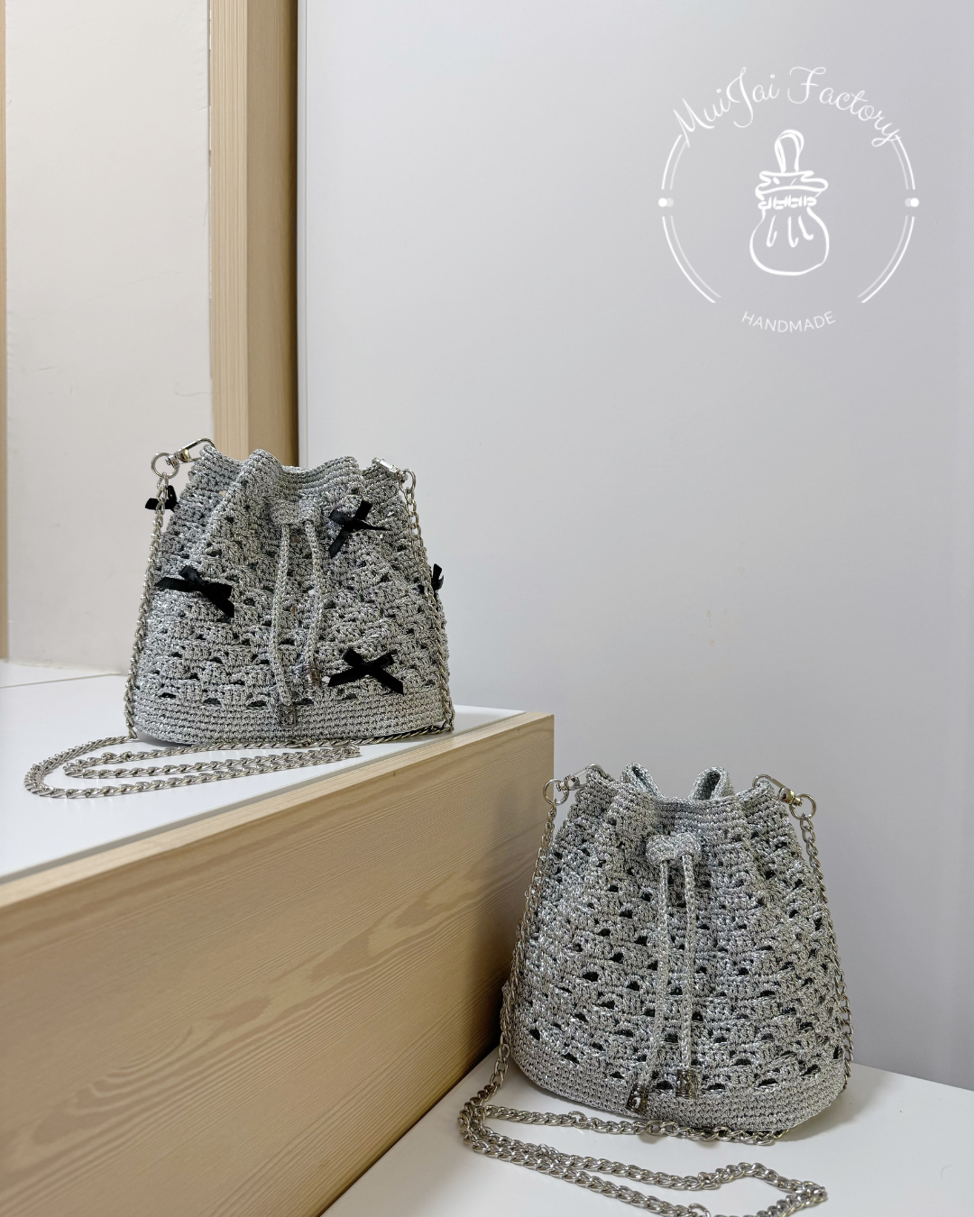 ✧ M008 銀灰零蝴蝶結版 ⋅ 閃閃水桶袋 ✧