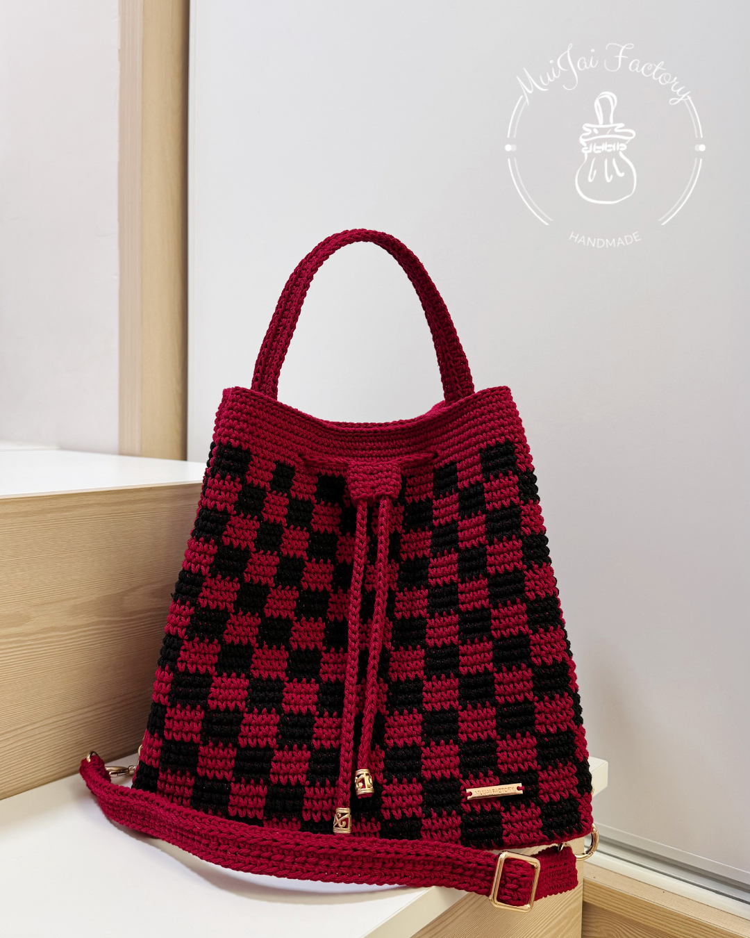 ♖ M001 加大版 ⋅ 新春酒紅黑格水桶袋 ♖